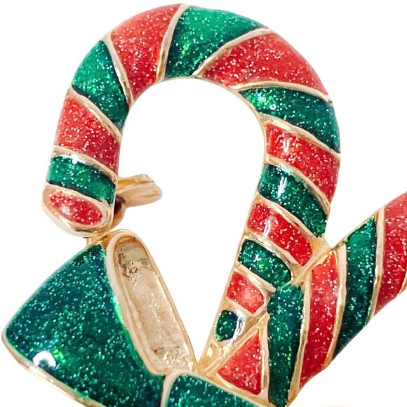 VTG Signed AAI Candy Cane Christmas Holiday Brooch Gold Tone Enamel Sparkling - Picture 3 of 11